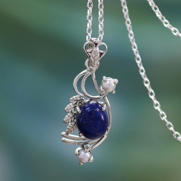Alternate image for Cultured pearls and lapis lazuli pendant necklace Mughal Romance