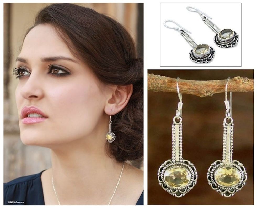 Hand Crafted Indian Sterling Silver and Citrine Earrings 'Heart of Gold'