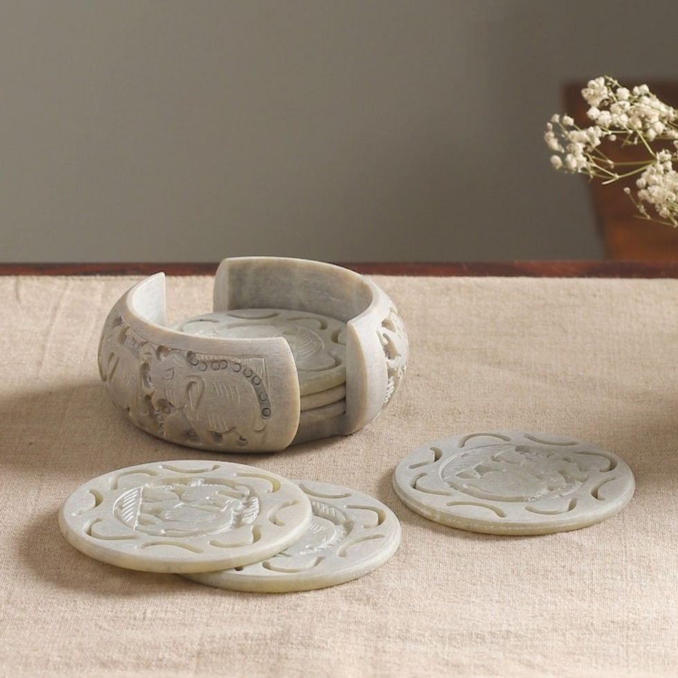 Soapstone coasters Set of 6 'Elephant Safari'