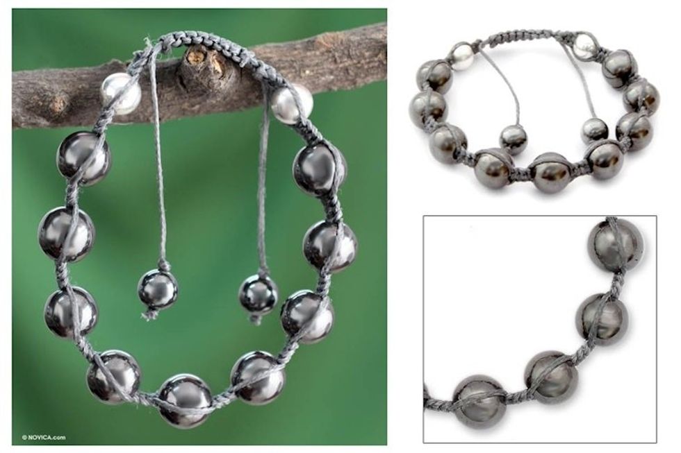 Cotton and Hematite Bracelet Shambhala Meditation Jewelry 'Tranquil Shadows'