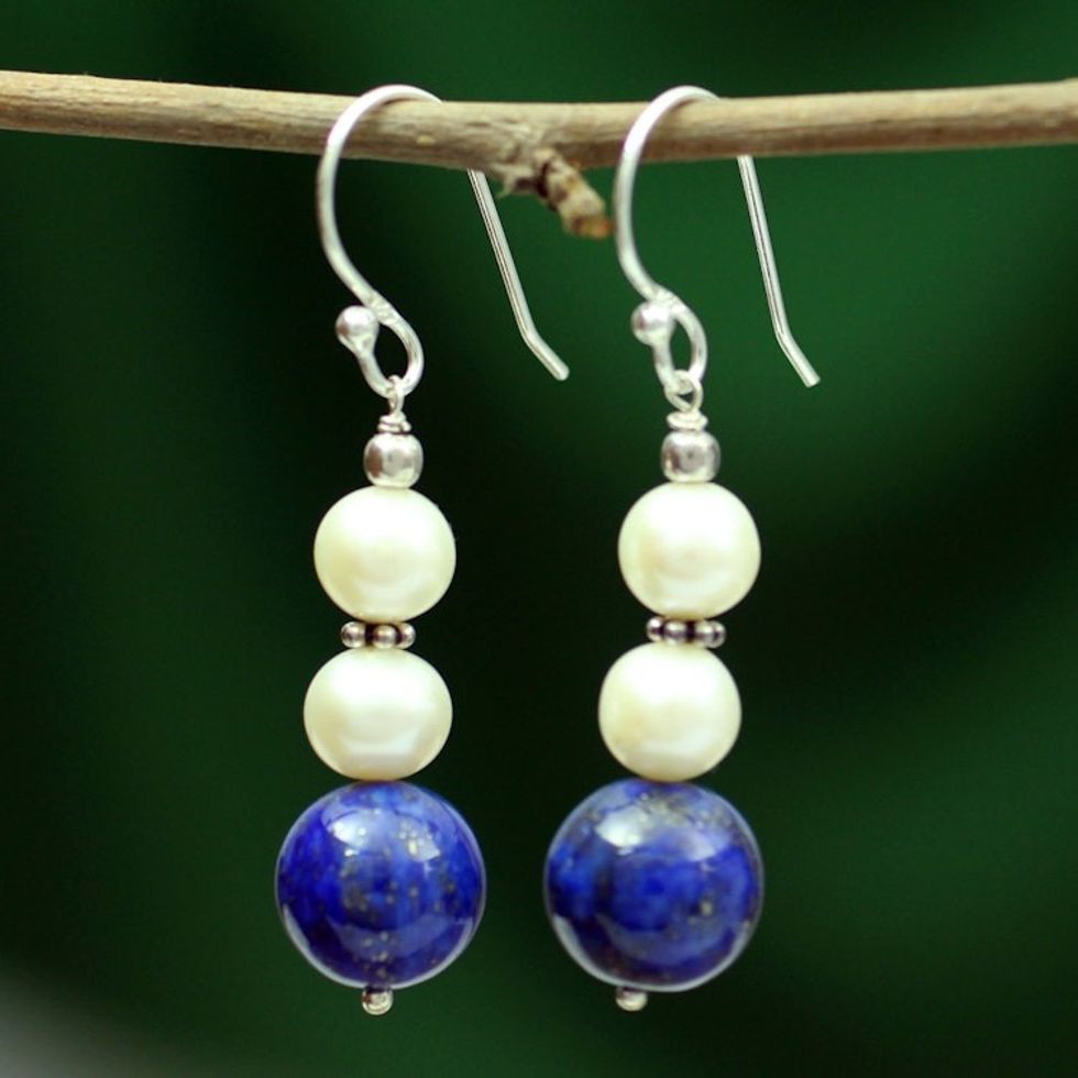 Lapis lazuli and pearl dangle earrings 'Mystic Truth'