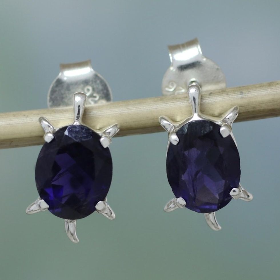 Artisan Jewelry Earrings Sterling Silver and Iolite 'Crystal Turtle'
