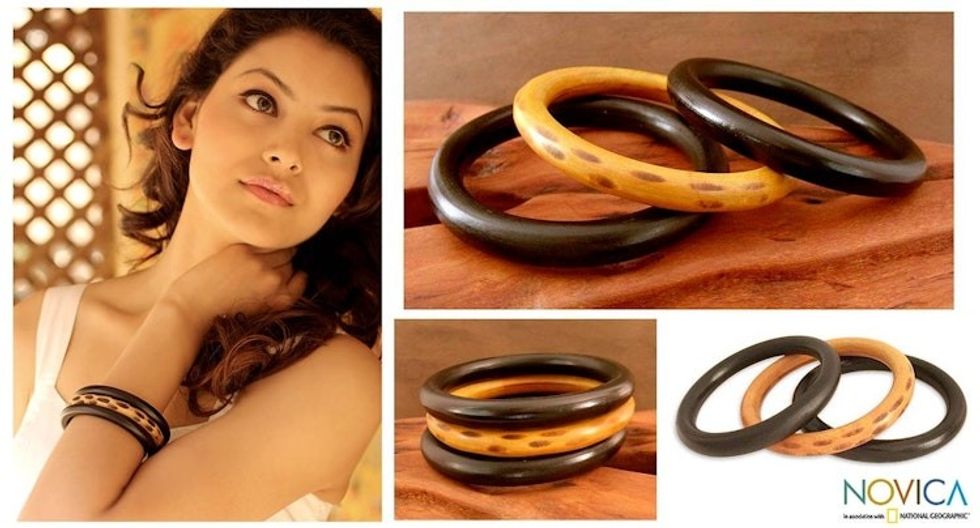 Natural Wood Bangle Bracelets Set of 3 'Exotic Delhi'