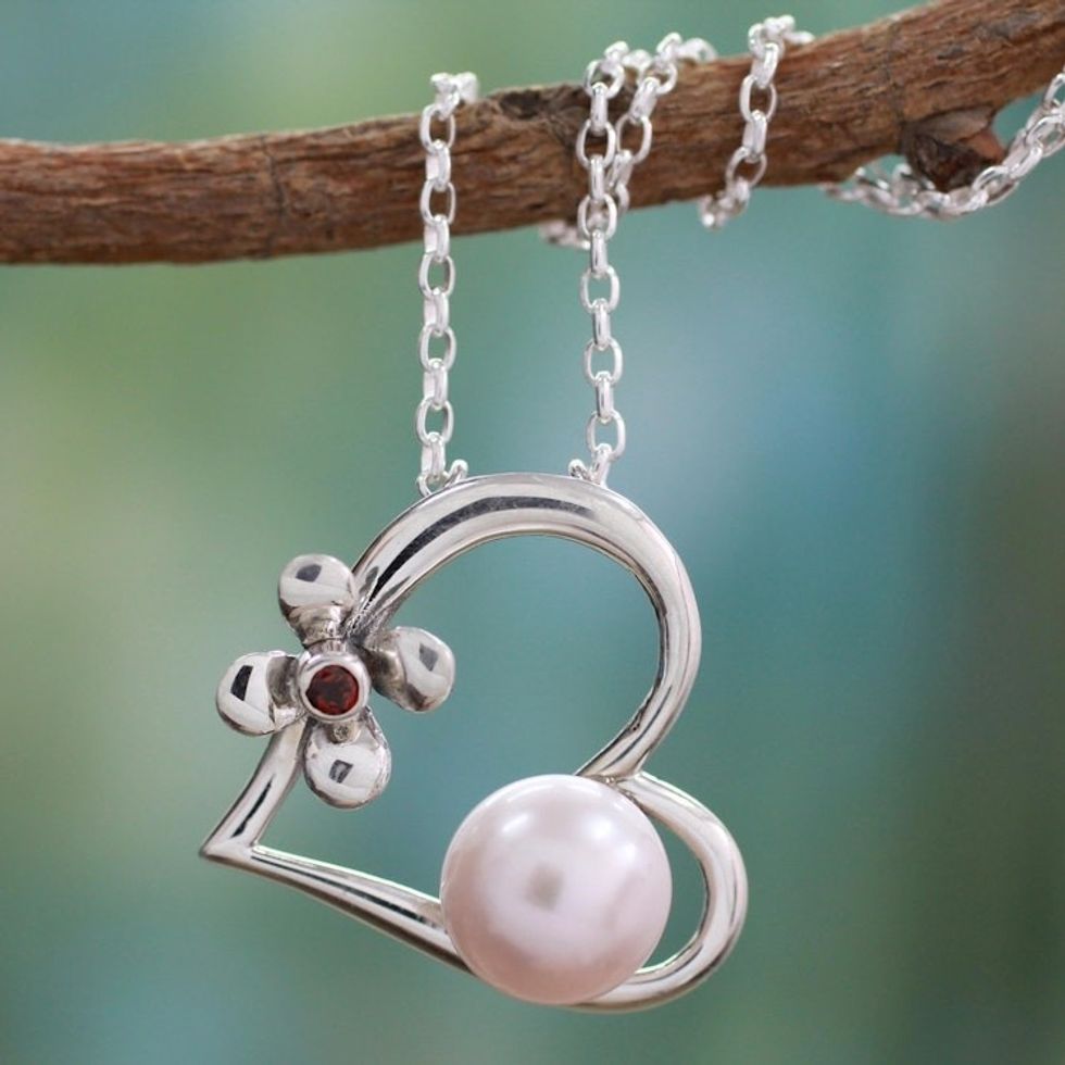 Heart Shaped Sterling Silver and Pearl Necklace 'Heart of Romance'