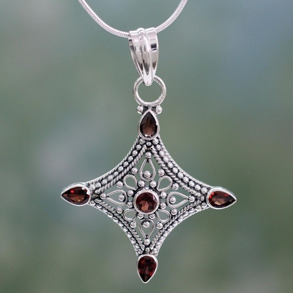 Garnet and Silver Diamond Shaped Pendant Necklace India 'Jaipur Diamond'