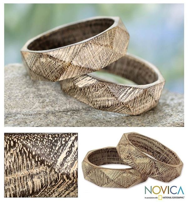 Alternate image for Wood Bangle Bracelets Hand Carved in India Pair Vintage Forest