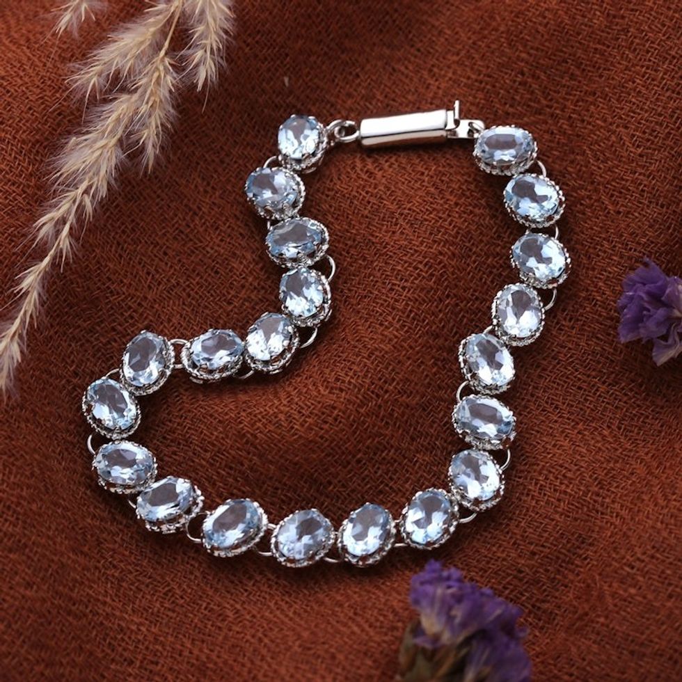 Sterling Silver Link Blue Topaz Bracelet from India 'Sparkling Blue River'