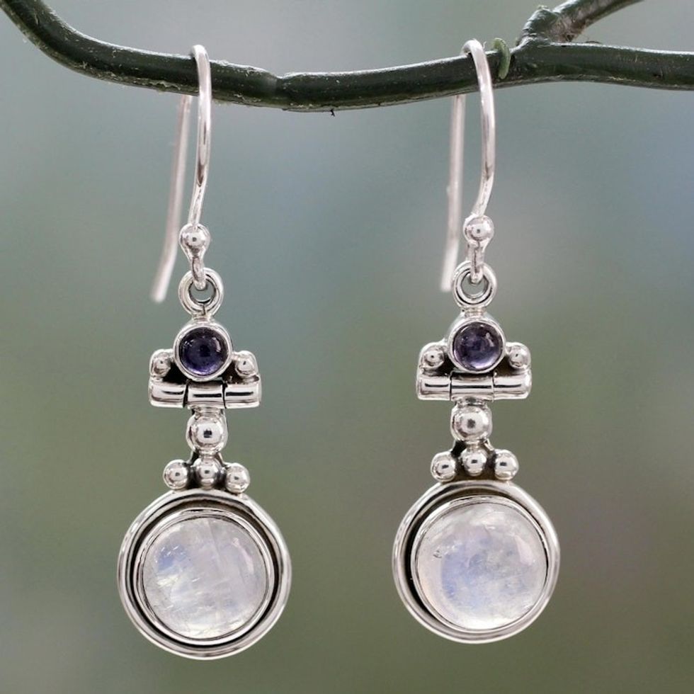 Fair Trade Sterling Silver Moonstone and Iolite Earrings 'Misty Moon'