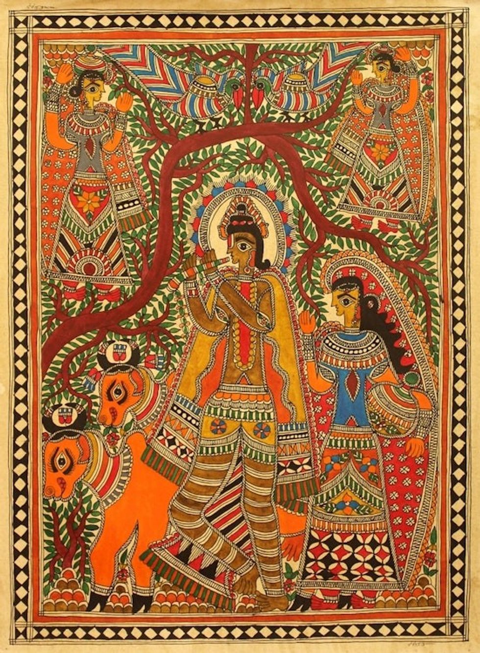 Madhubani painting 'Krishna with His Cattle'