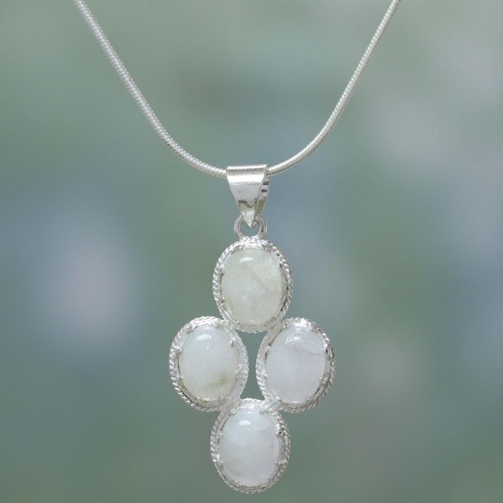 Rainbow Moonstone Necklace in Sterling Silver from India 'Morning Frost'