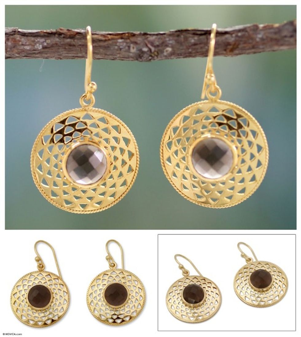 Gold vermeil smoky quartz dangle earrings 'Jaipur Suns'