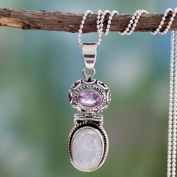 Alternate image for Rainbow Moonstone and Amethyst Necklace from India Magic and Mysticism