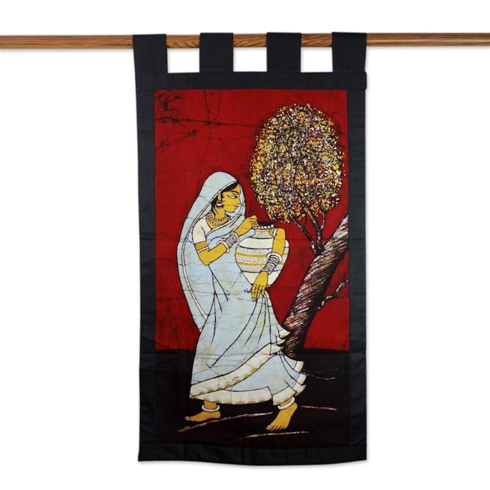 Cotton batik wall hanging 'Carrying Water'