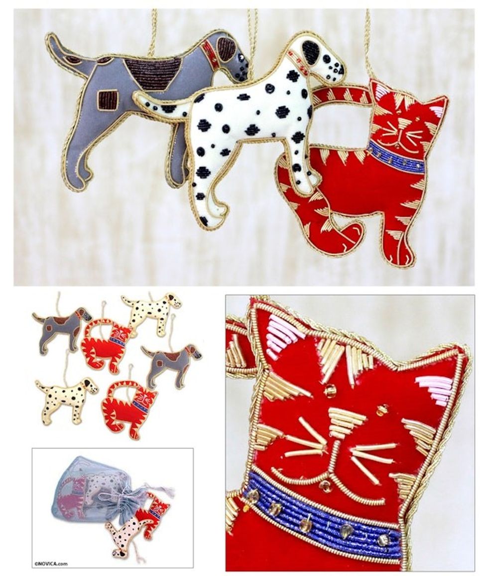 Hand Beaded Christmas Ornaments Set of 6 'Dogs and Cats'