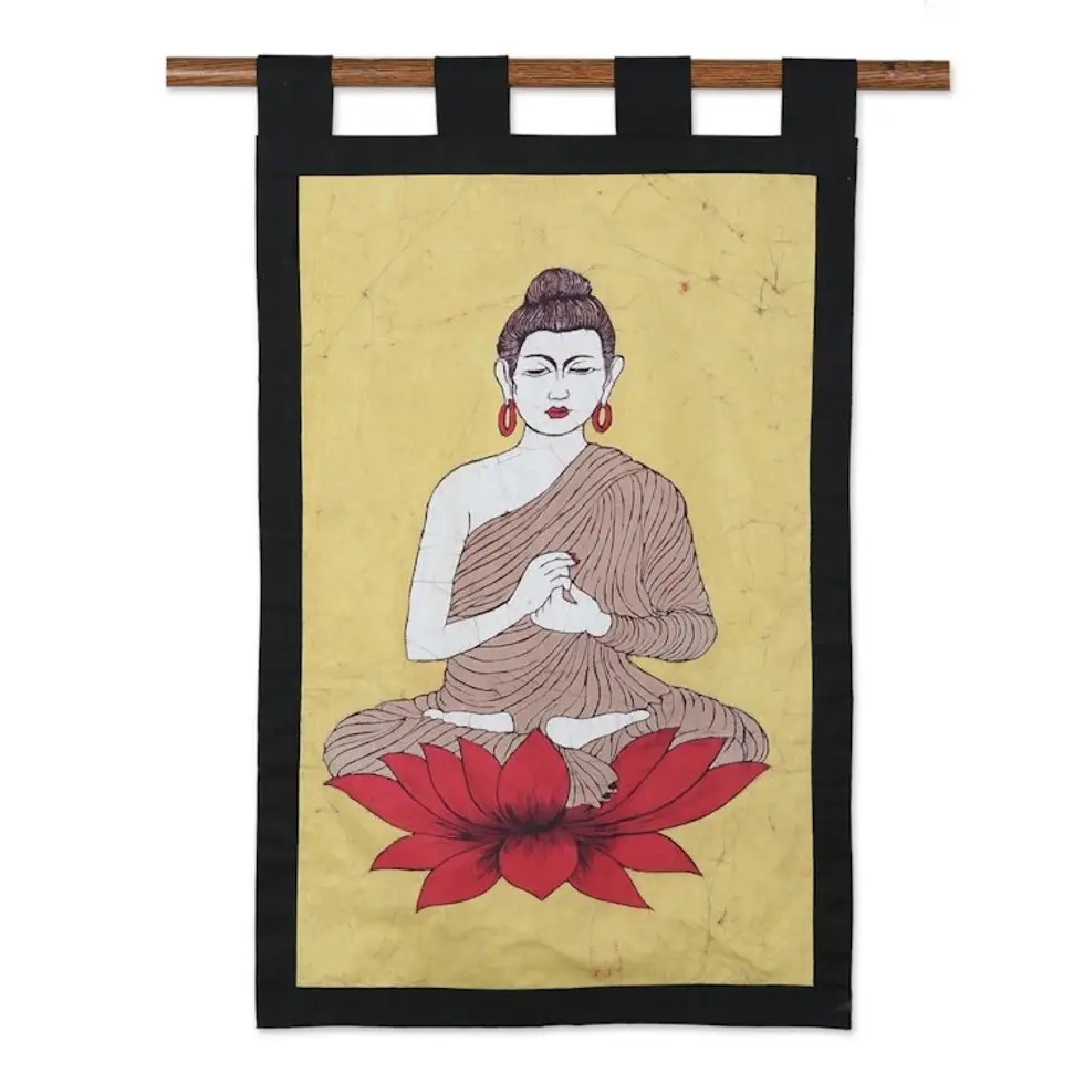 Cotton batik wall hanging 'Buddha's Calm'