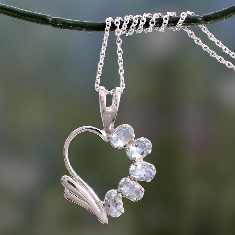 Blue Topaz Heart Necklace 'Winged Heart'
