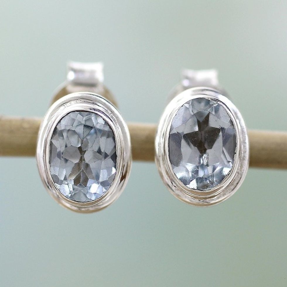 Blue Topaz Earrings Sterling Silver Studs 'Sky Duet'