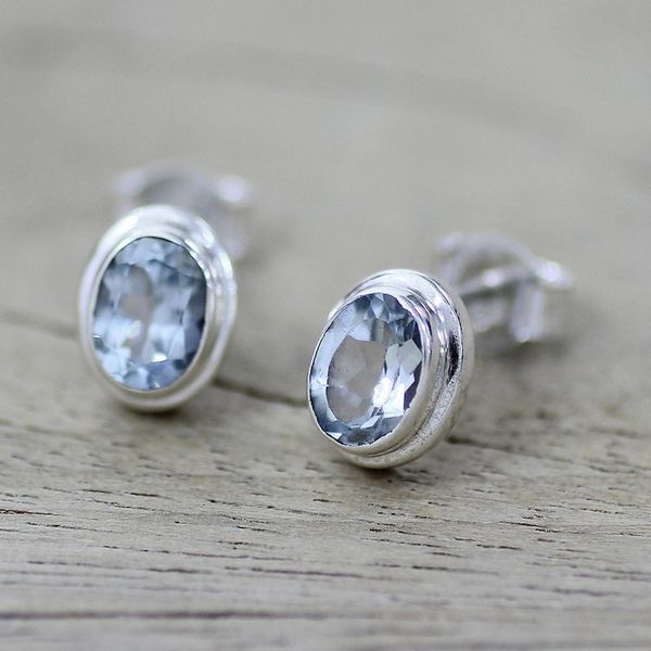 Alternate image for Blue Topaz Earrings Sterling Silver Studs Sky Duet