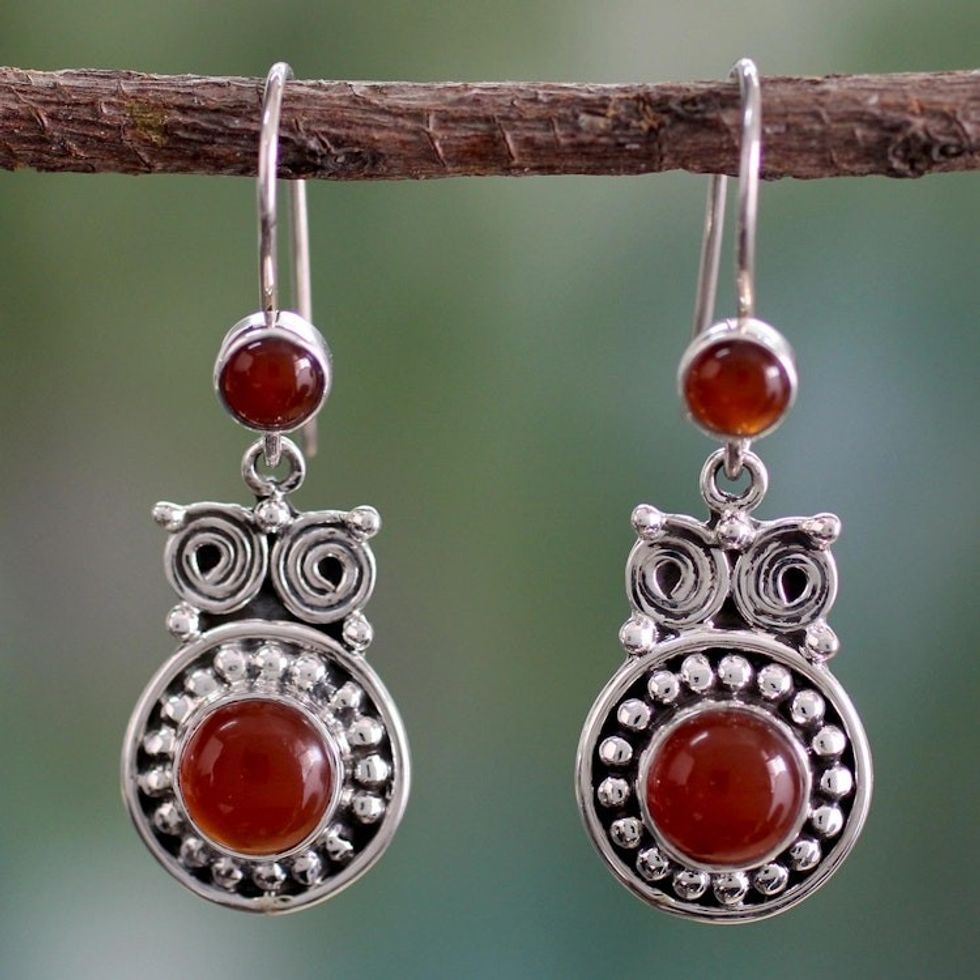 Handcrafted Indian Sterling Silver and Carnelian Earrings 'Fire Owl'