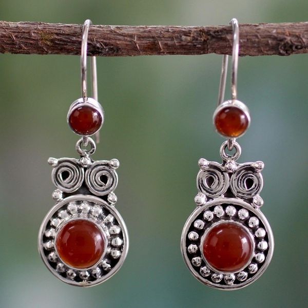 Alternate image for Handcrafted Indian Sterling Silver and Carnelian Earrings Fire Owl