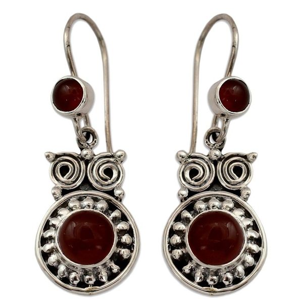 Alternate image for Handcrafted Indian Sterling Silver and Carnelian Earrings Fire Owl