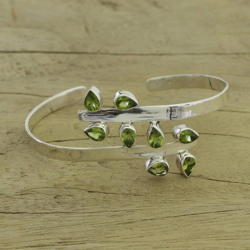 Sterling Silver Cuff Peridot Bracelet Modern Jewelry 'Forest Fern'