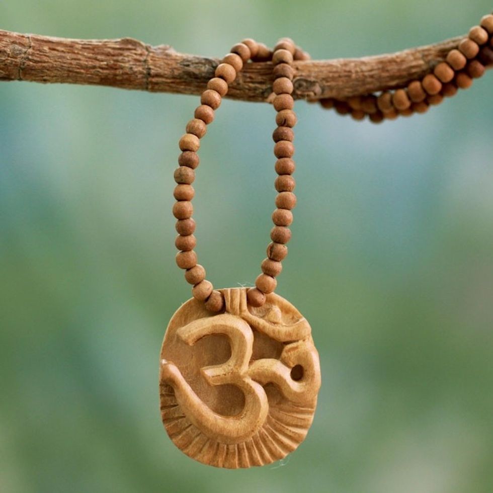 Wood pendant necklace 'Vedic Om'