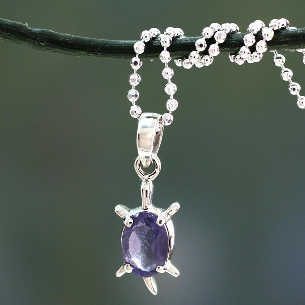Handcrafted Sterling Silver and Iolite Pendant Necklace 'Crystal Turtle'
