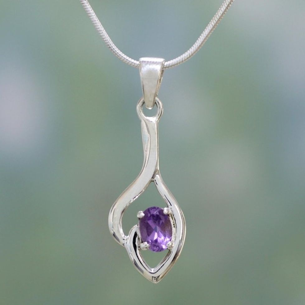 Unique Sterling Silver and Amethyst Pendant Necklace 'Glorious Bud'