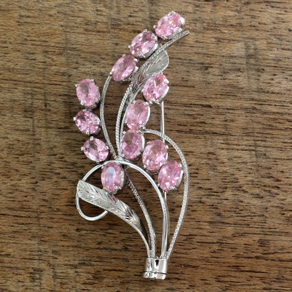 Floral Sterling Silver Cubic Zirconia Brooch Pin from India 'Pink Gladiola'