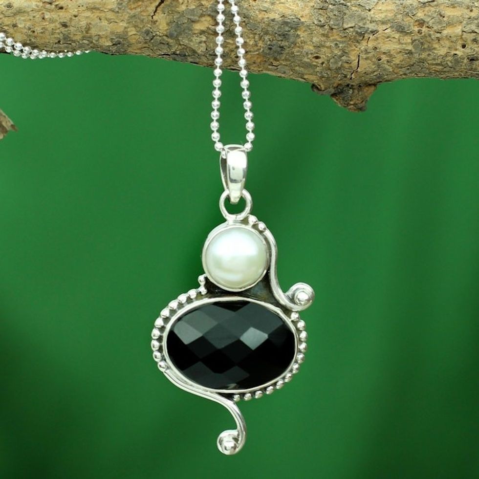 Cultured pearl and onyx pendant necklace 'Magical Moons'
