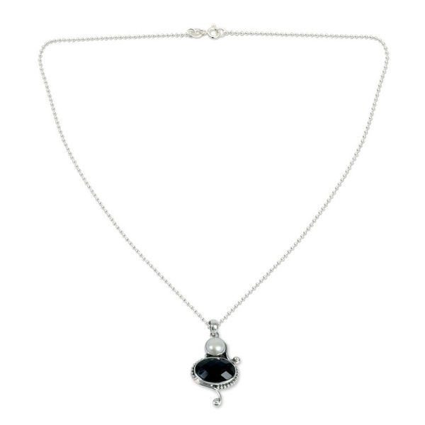Alternate image for Cultured pearl and onyx pendant necklace Magical Moons