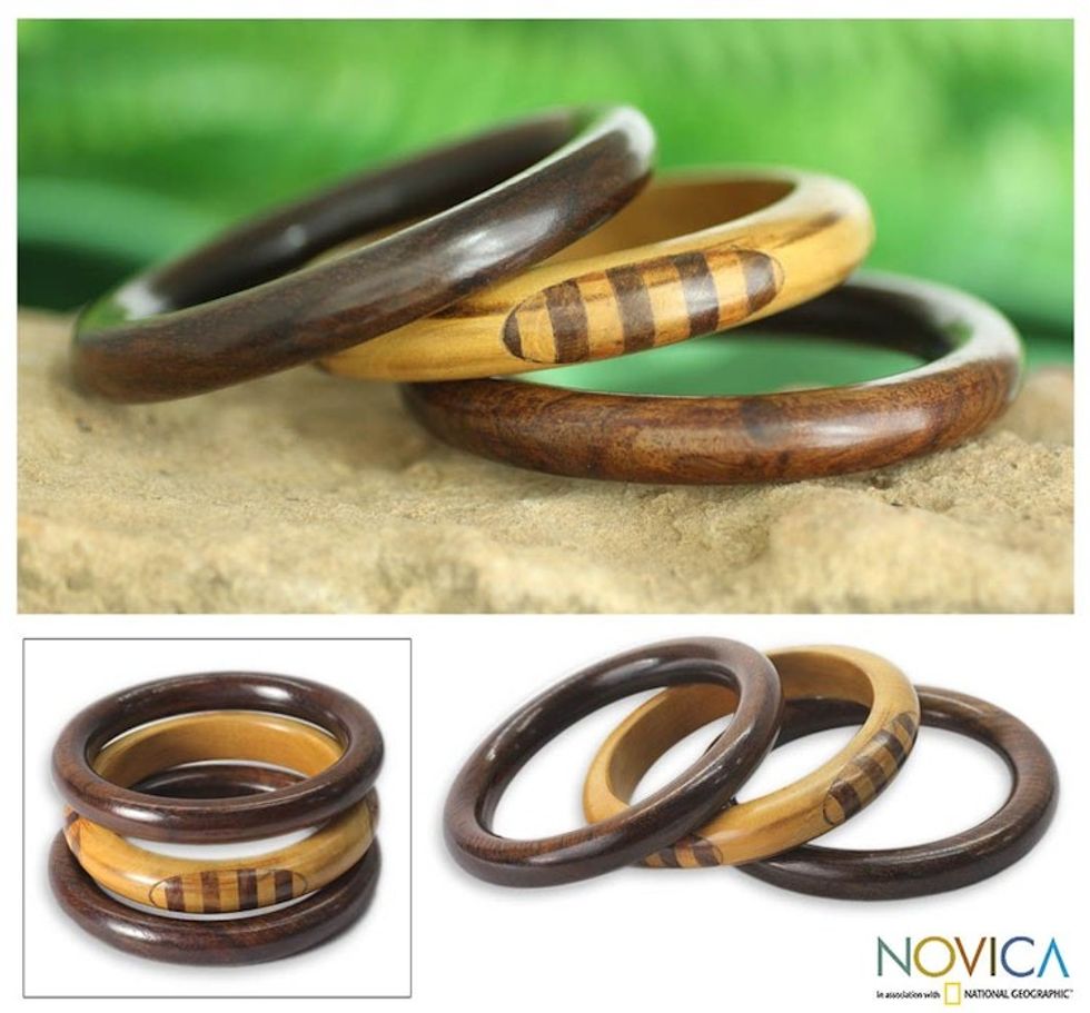 Artisan Crafted Wood Bangle Bracelets Set of 3 'Forest Goddess'