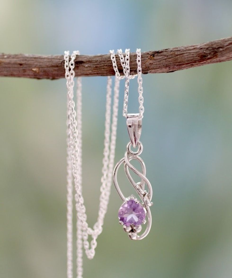 Amethyst Modern Jewelry Sterling Silver Necklace 'Shy Heart'