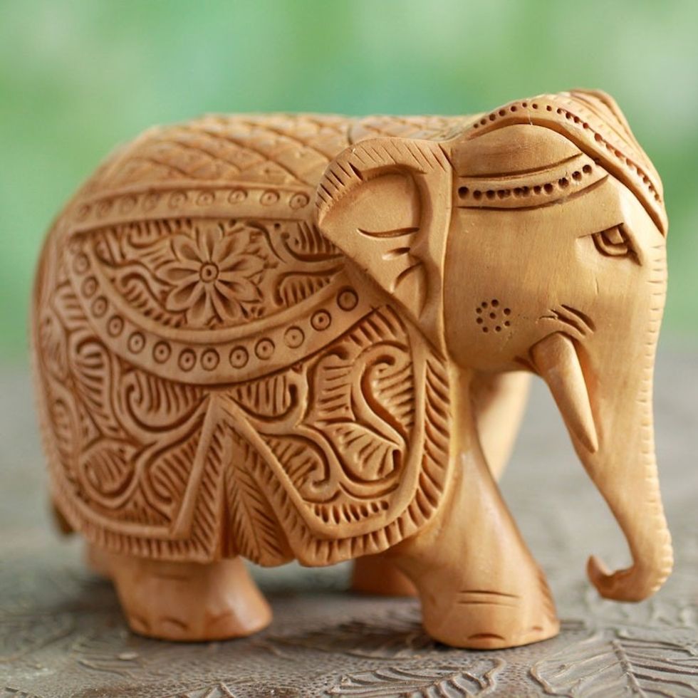 Wood Elephant Sculpture Hand Carved in India 4 Inch 'Majestic Elephant'