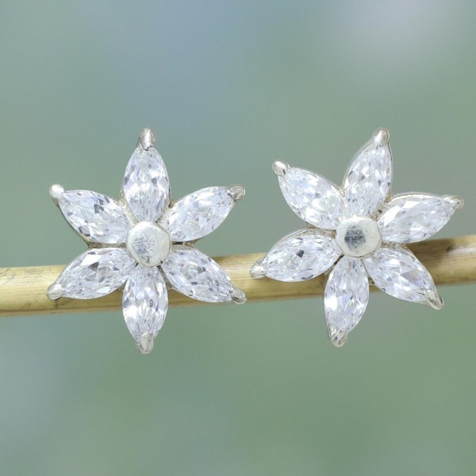 Sparkling Stud Earrings with Cubic Zirconia from India 'Snow Blossom'