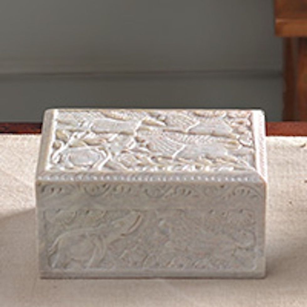 Carved Elephant and Lion Soapstone Jewelry Box from India 'Wild Animals'