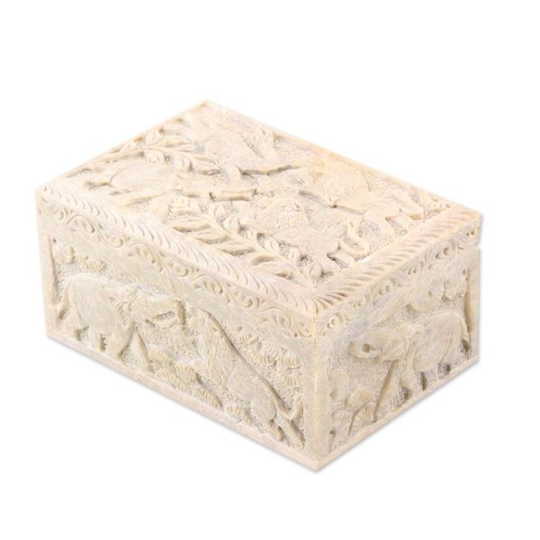 Alternate image for Carved Elephant and Lion Soapstone Jewelry Box from India Wild Animals