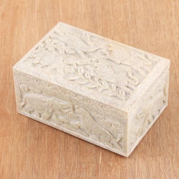 Alternate image for Carved Elephant and Lion Soapstone Jewelry Box from India Wild Animals