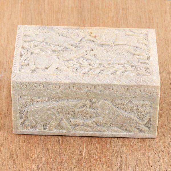 Alternate image for Carved Elephant and Lion Soapstone Jewelry Box from India Wild Animals