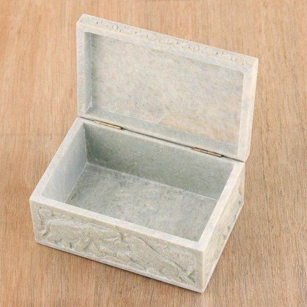 Alternate image for Carved Elephant and Lion Soapstone Jewelry Box from India Wild Animals