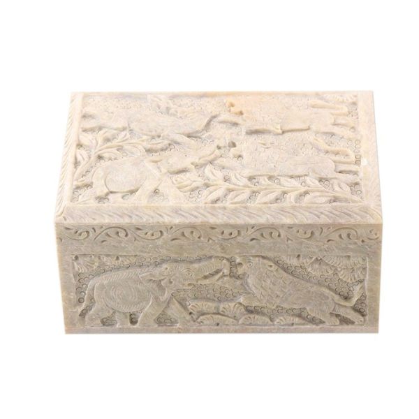 Alternate image for Carved Elephant and Lion Soapstone Jewelry Box from India Wild Animals