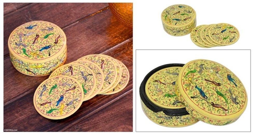 Papier mache coasters Set of 6 'Yellow Srinagar Birds'
