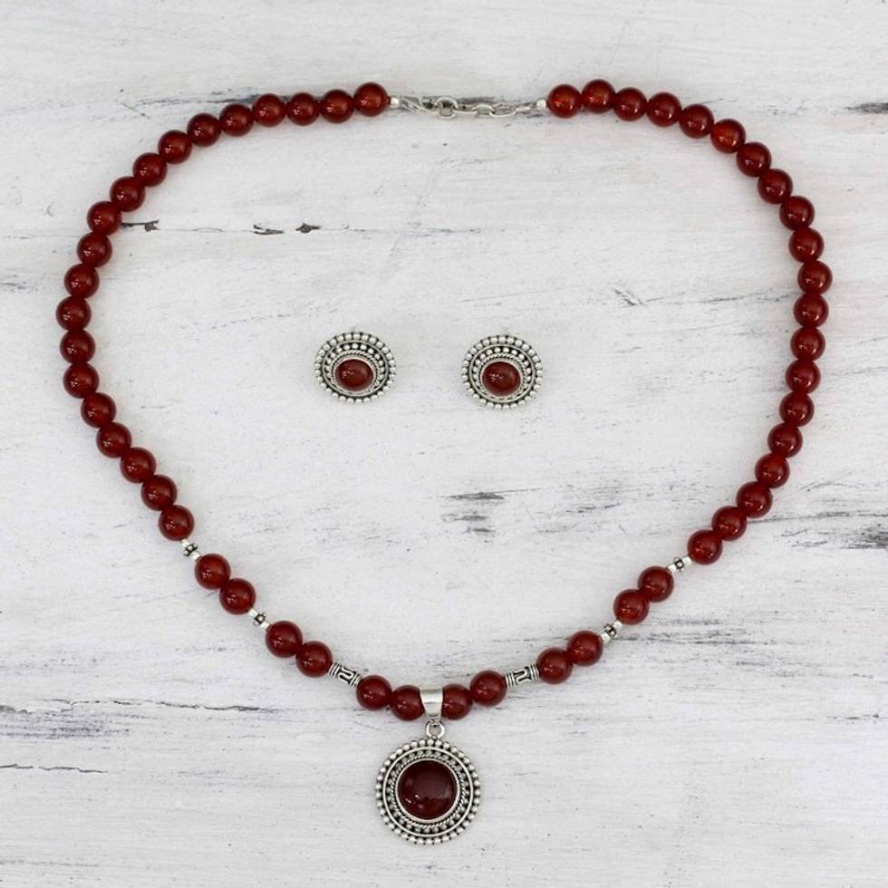 Carnelian Jewelry Set on Sterling Silver from India 'Ode to the Sun'