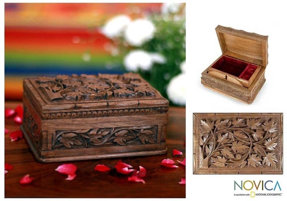 Hand Carved Leaf Jewelry Box 'Forever'