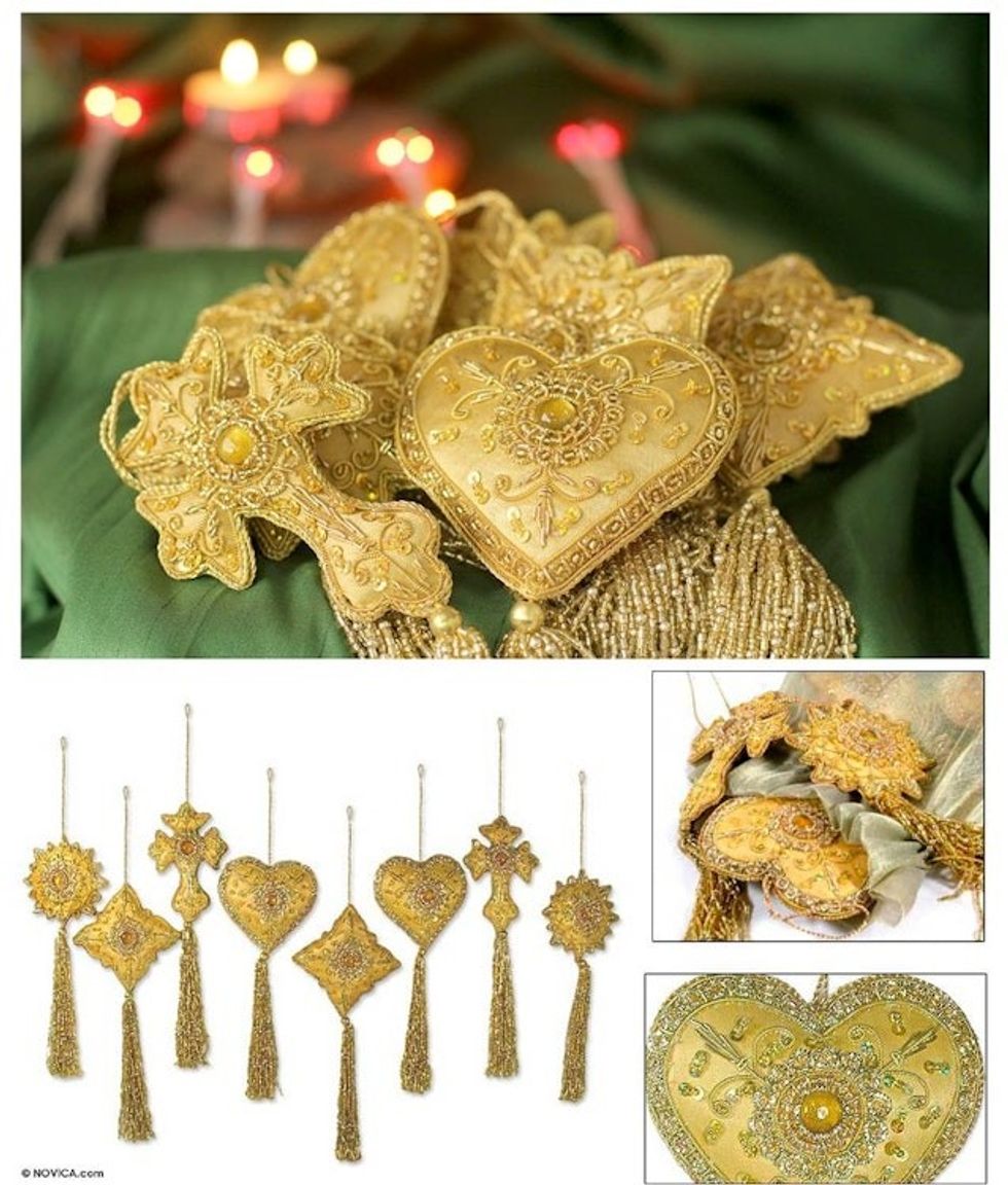 Golden Fair Trade Hand Beaded Ornaments Set of 8 'Golden Splendor'