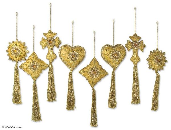 Alternate image for Golden Fair Trade Hand Beaded Ornaments Set of 8 Golden Splendor