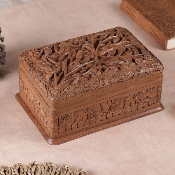 Alternate image for Hand Carved Walnut Wood Jewelry Box Birds in Wonderland