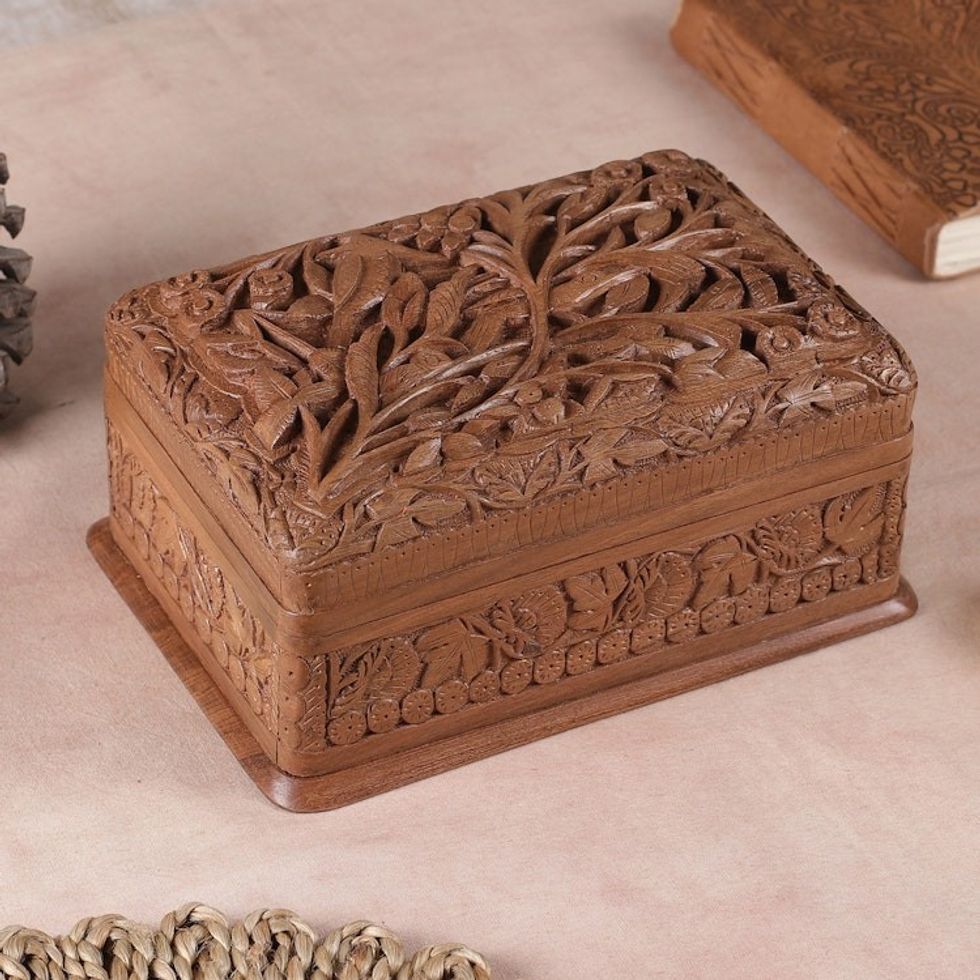 Hand Carved Walnut Wood Jewelry Box 'Birds in Wonderland'