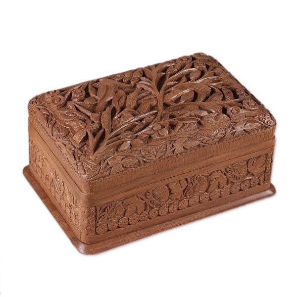 Alternate image for Hand Carved Walnut Wood Jewelry Box Birds in Wonderland